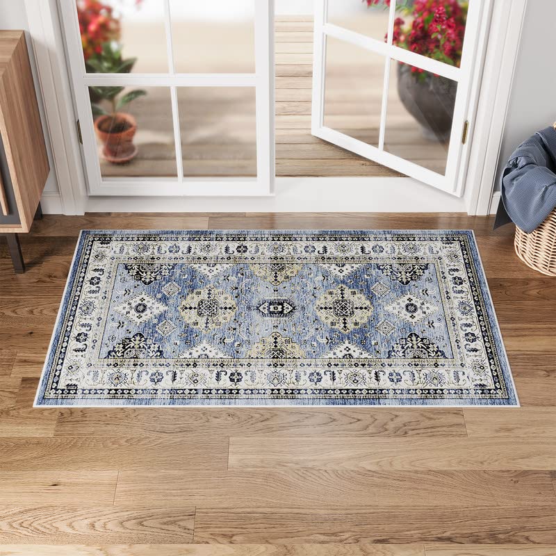 Photo 1 of Dripex Vintage Washable Area Rug - 2x4 Indoor Door Mat Oriental Medallion Accent Throw Rug Distressed Foldable Non-Slip Low-Pile Bathroom Kitchen Rug for Entryway Laundry Room Living Room Bedroom