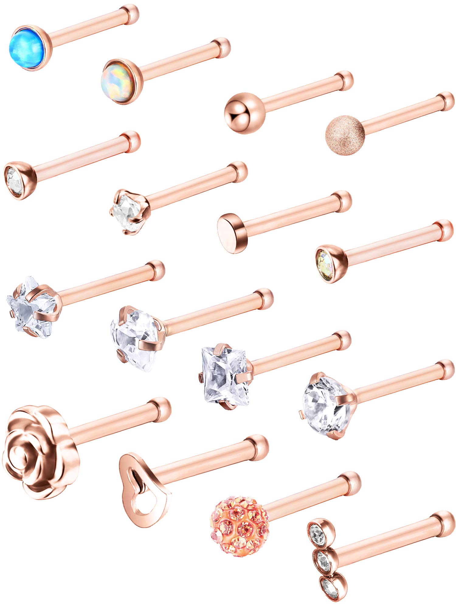 JOVITEC 16 Pieces Nose Stud for Women 20 g Nose Ring Set Bone Nose Studs l Shaped Surgical Stainless Steel Cartilage Tragus Piercing Rose Gold Ball Sapphire Labret Jewelry, stainless steel, opal and