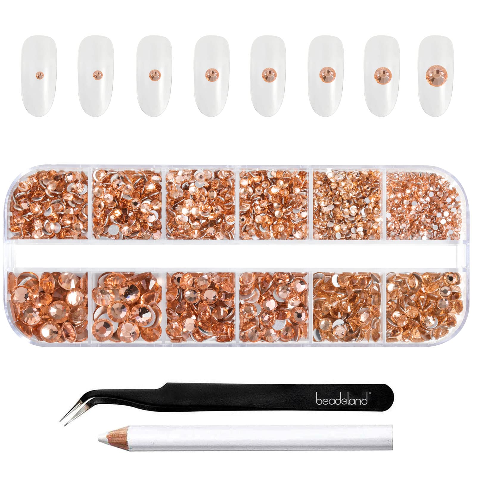 Beadsland Rhinestones for Makeup,8 Sizes 2500pcs Champagne Flatback Rhinestones Eye Gems for Nails Crafts with Tweezers and Wax Pencil,Light Peach,SS4-SS30 — image 1