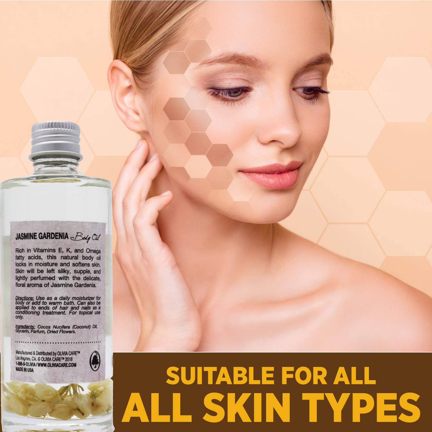 Jasmine Gardenia Body Oil By Olivia Care - Vegan & Natural - Hydrate & Moisturize. Infused with VITAMIN E, K & Omega Fatty Acids - Refreshing Fragrance - Reduce Dry Skin, Anti-Aging Properties - 4 OZ : Beauty