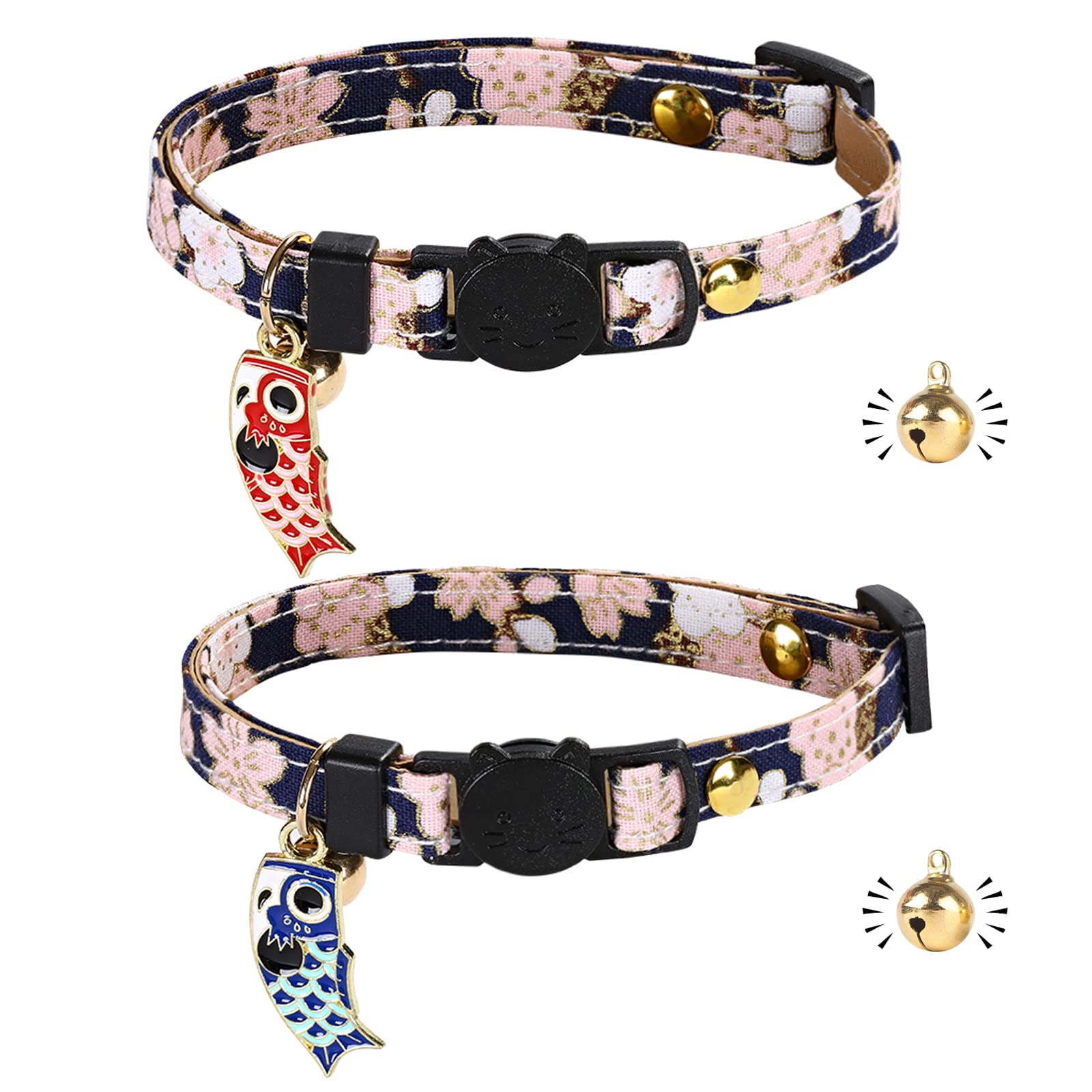 Gienxias Cat Collar Quick Release, Breakable Kitten Collar with Gold Balls, Hand Made Leather Cat Collars, Japanese Design, Adjustable Collar for Girl Boy Male Female Cat 2 Pack (Japanese Kimono 02)