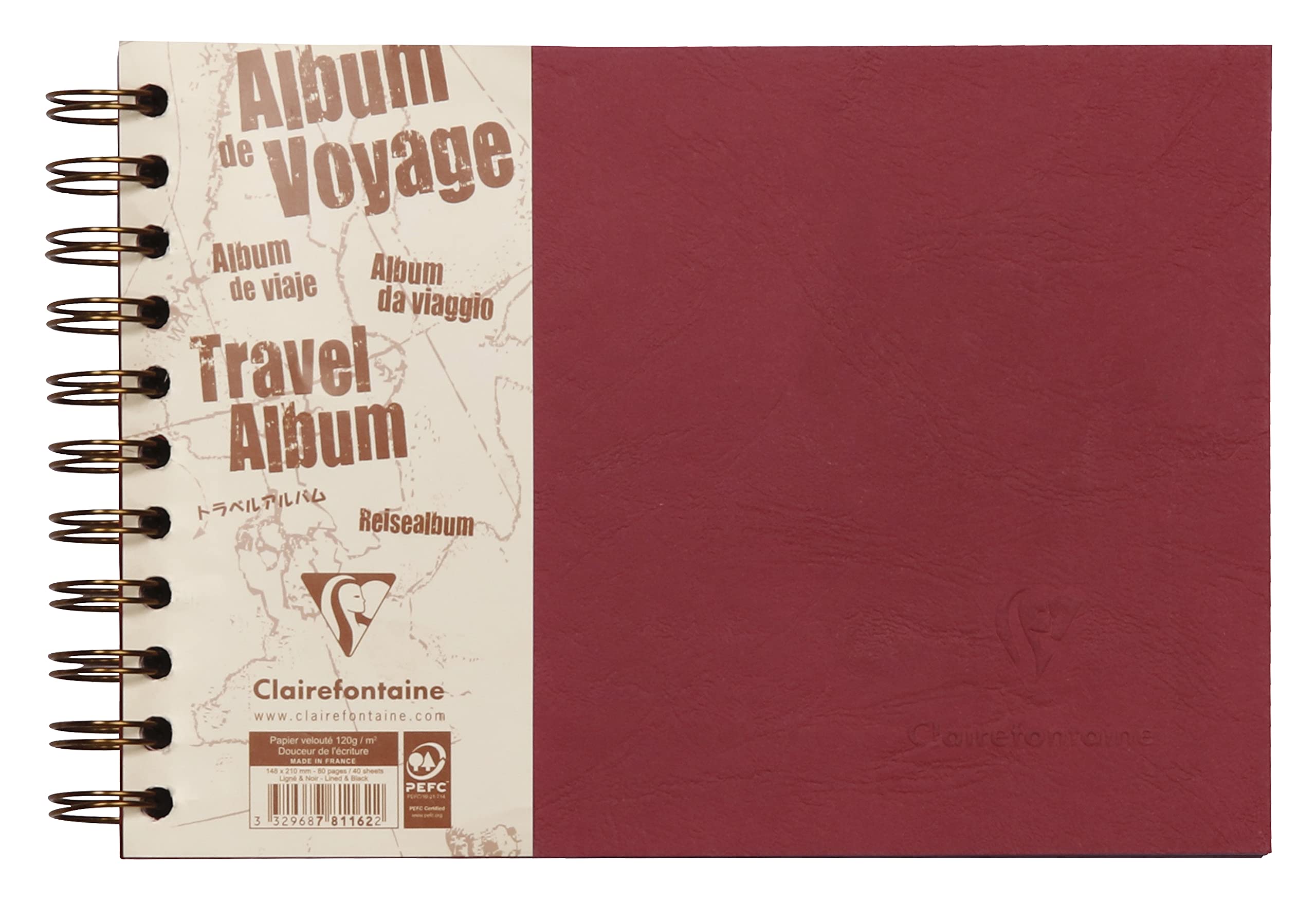 Clairefontaine 781162C Collection Age Bag Red Spiral Travel Album - A5 21x14,8cm - 80 Pages - White 120g Lined + Black Grain Paper 160g - Leather Grain Cover