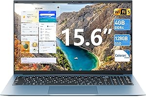 Naclud 15.6 Inch Laptop Computer, Windows 11 Laptop, 4GB DDR4 128GB SSD, Celeron N4000 Processor, 180° Open Angle, HDMI, USB 3.2, 7000mAh, BT5.0, Type-C, for Business Student