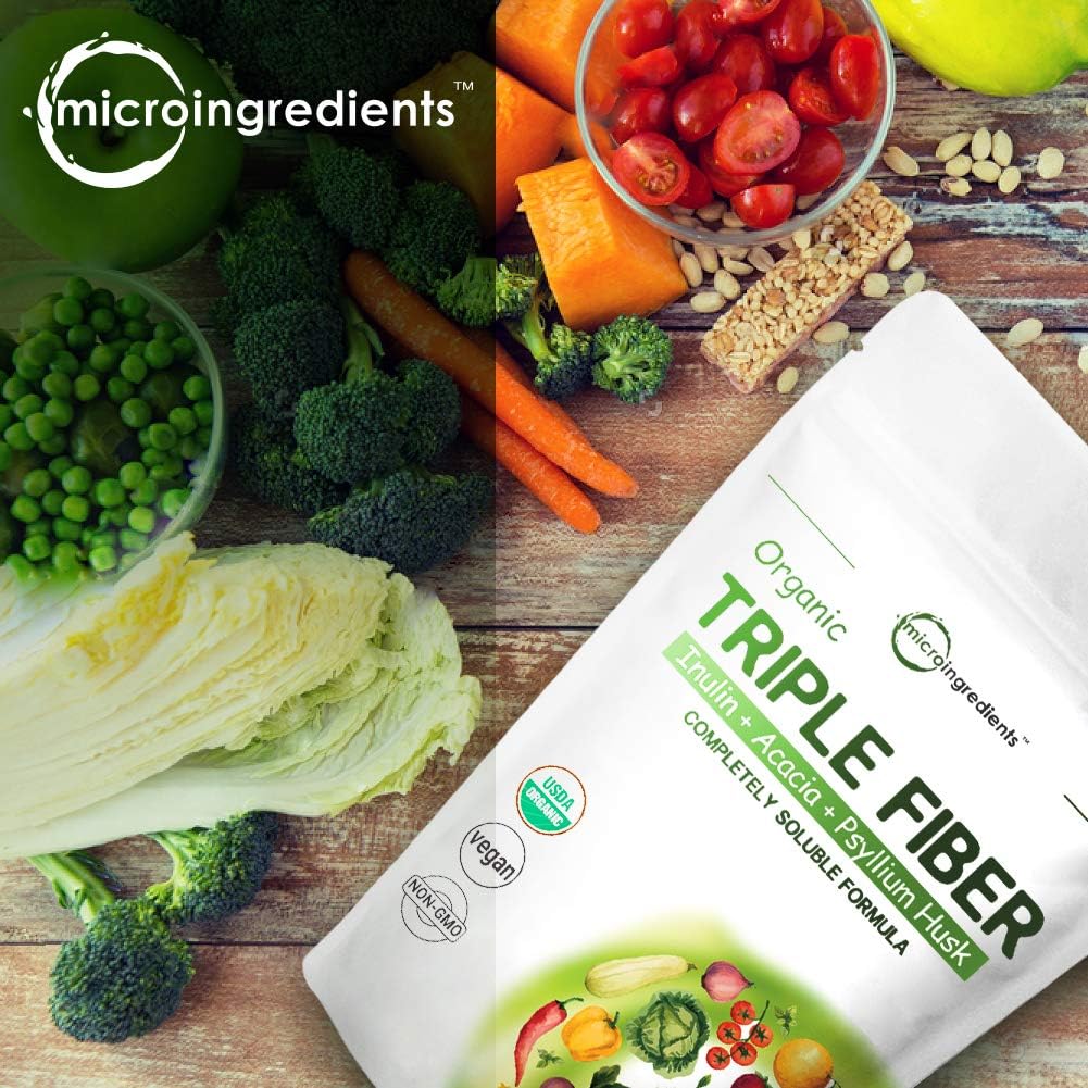 Organic Triple Soluble Fiber Powder (Inulin, Acacia, Psyllium Husk), 2 Pounds (32 Ounce), 3 in 1 Fiber Complex, Premium Fiber Prebiotics Supplement for Digestive Health, Water Soluble, Non-GMO, Vegan: Health & Personal Care