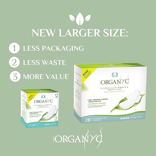 ORGANYC NEW AND IMPROVED 100% CERTIFIED ORGANIC COTTON INSIDE AND OUT OVERNIGHT FEMININE PADS, HEAVIEST FLOW, SUPER ABSORBENCY, 28 COUNT
