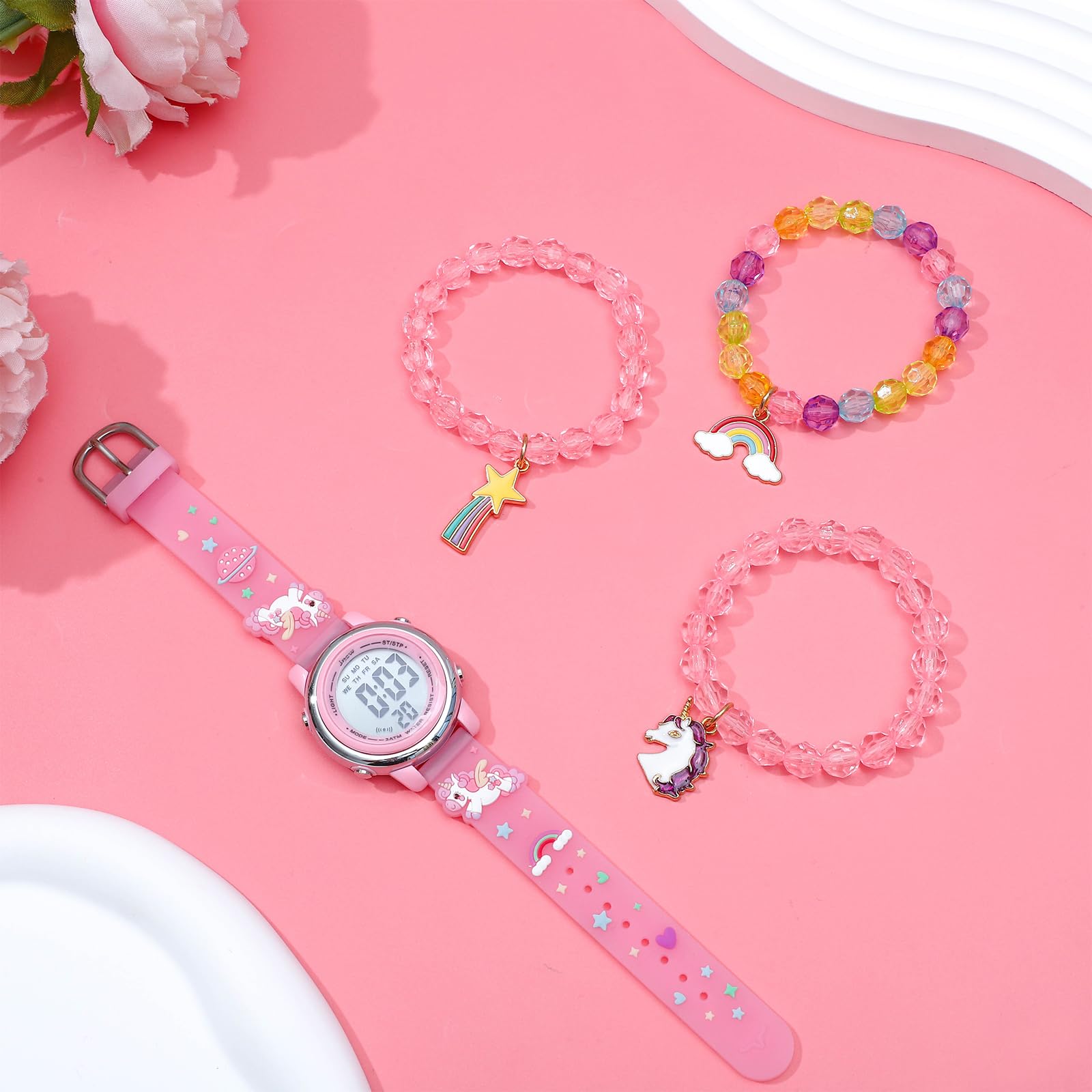 NEWITIN 4 Pieces Girls Watch Bracelets Set Multifunctional 7 Color Lights Digital Sport Alarm Stopwatch 3D Waterproof Unicorn Watch Jewelry Set for Girls 3-10 Years Old Kids