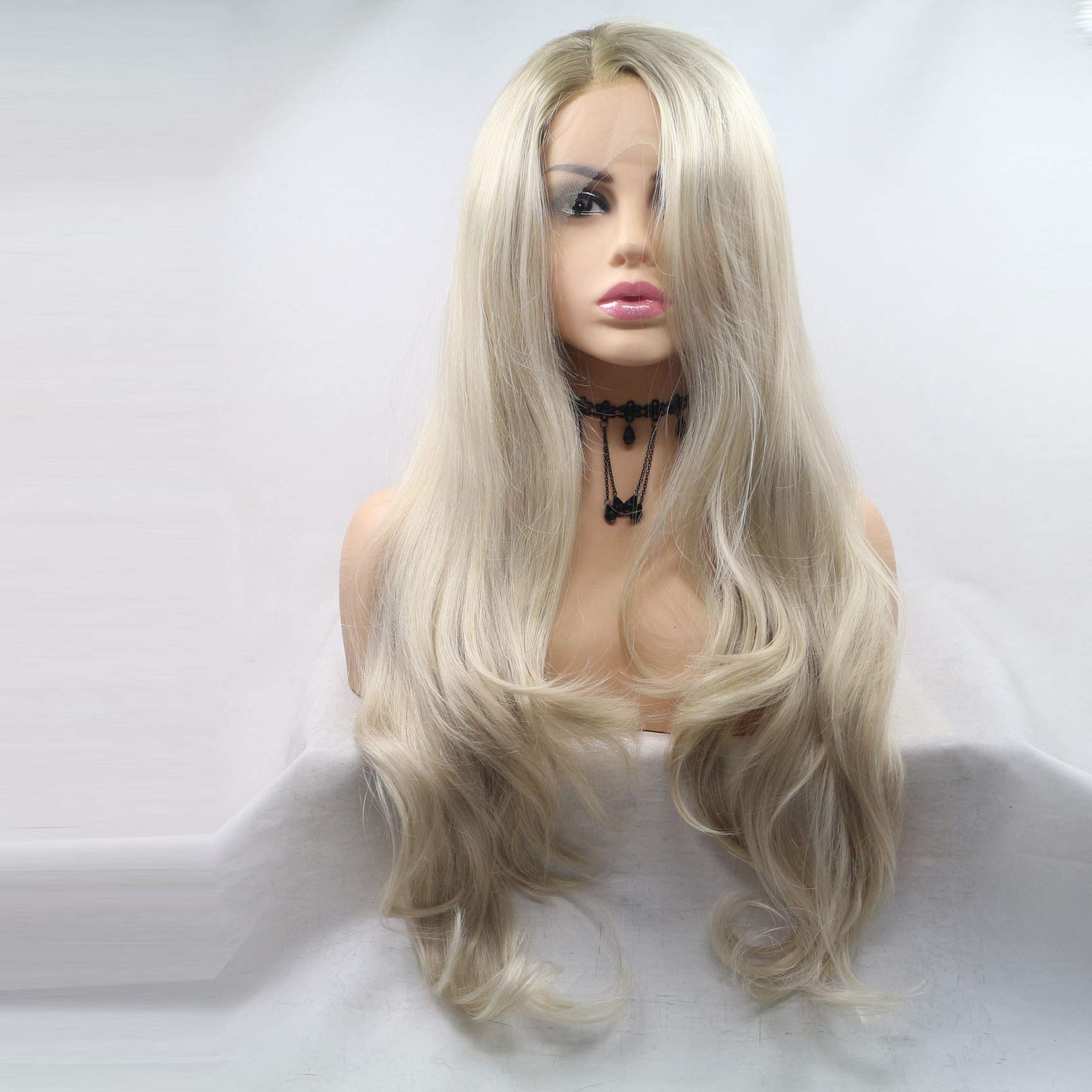 Xiweiya Ombre Blonde Wavy Wig Light Platinum Blonde Synthetic Lace Front Wigs Side Part Wig Long Soft Wavy Hair Replacement for Women, Halloween Drag Queen Makeup 24 inch