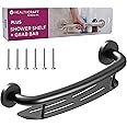 HEALTHCRAFT Plus 2-in-1 Shampoo Shelf and Grab Bar (19.5 Inch) | ADA Compliant Bathroom Safety Grab Bar for Seniors, Wall-Mounted, Supports Up to 500 lbs, Matte Black
