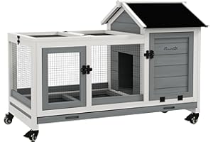 PawHut Indoor Rabbit Hutch with Wheels, Bunny Cage with Ramp, Run, Pull Out Tray, Suitable for Rabbit, Guinea Pig, Grey