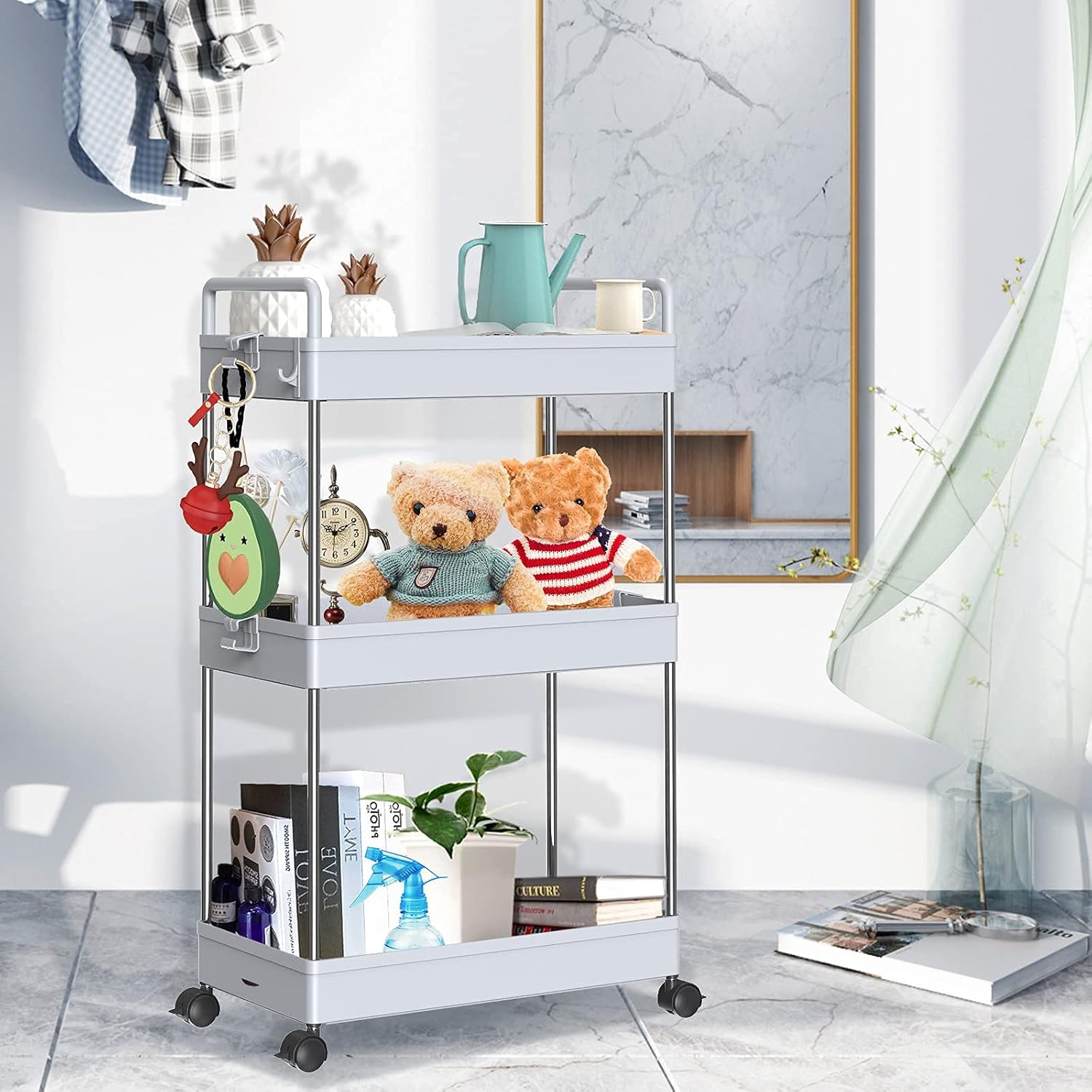 SOLEJAZZ Rolling Storage Cart 3-Tier Mobile Shelving Unit Bathroom Carts with Handle for Kitchen Bathroom Laundry Room, Gray: Kitchen & Dining