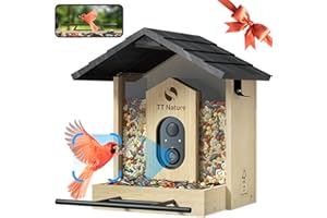 TT Nature Bird Feeder with Camera, Upgraded 1.5L Smart Bird Feeder with AI Identify for 10000+, Auto Capture & Real-time Notifications, Ideal Gift for Christmas (Wooden Roof)