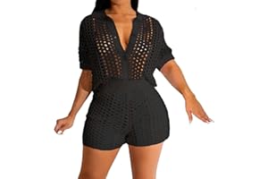 VOIKERDR Shorts Sets Women 2 Piece Outfits Crochet Hollow Out Shirt and Shorts Summer Vacation Beach Clothes