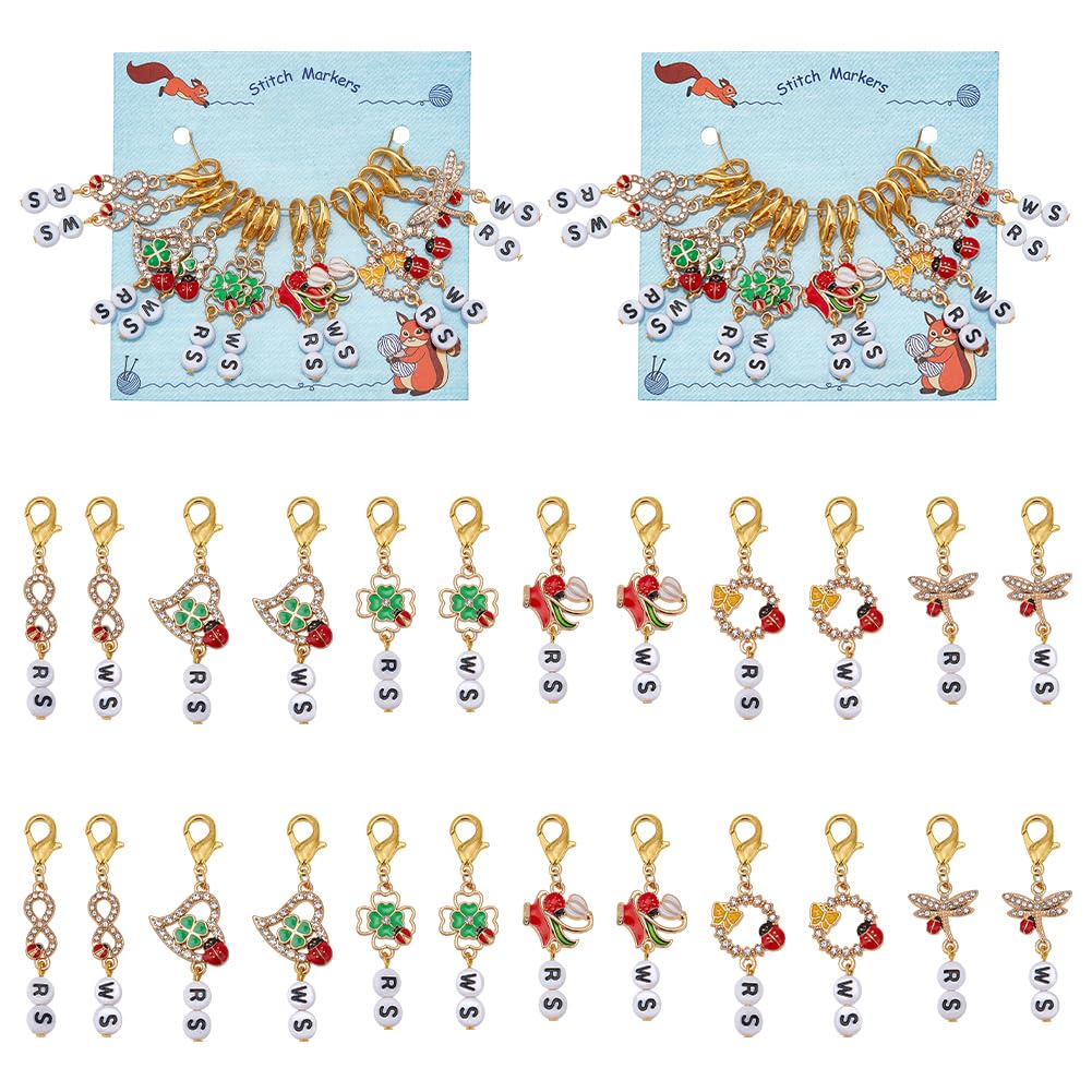 NBEADS 24 Pcs Ladybird Theme Stitch Markers, Rhinestone Heart/Clover/Infinity Crochet Stitch Marker Charms Removable Lobster Clasps Locking Stitch Marker for Knitting Weaving Sewing Jewelry Making