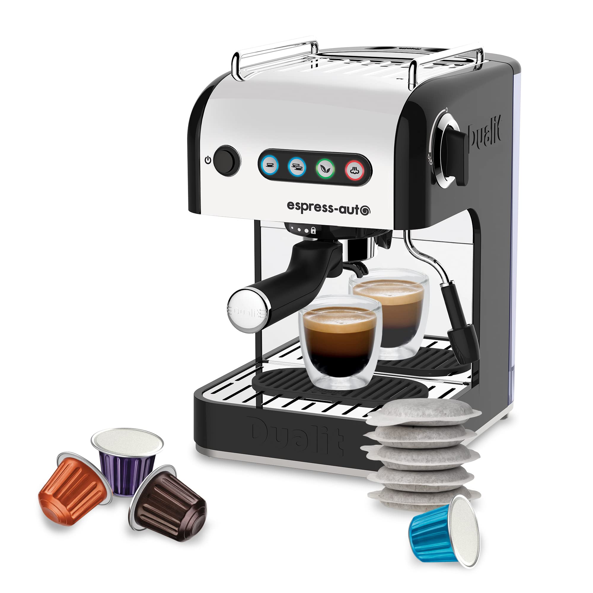 Dualit Coffee Capsule Machine | 4 in 1 Espress-Auto Coffee & Tea Machine | Suitable for Nespressoยฎ Compatible* Coffee Capsules, Ground Coffee & ESE Pods | Built-In Milk Frother | Memory Recall