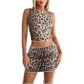 SHENHE Women's Sparkly Sequin 2 Piece Outfits Leopard Crop Tank Top Mini Skirt Y2k Set Clubwear