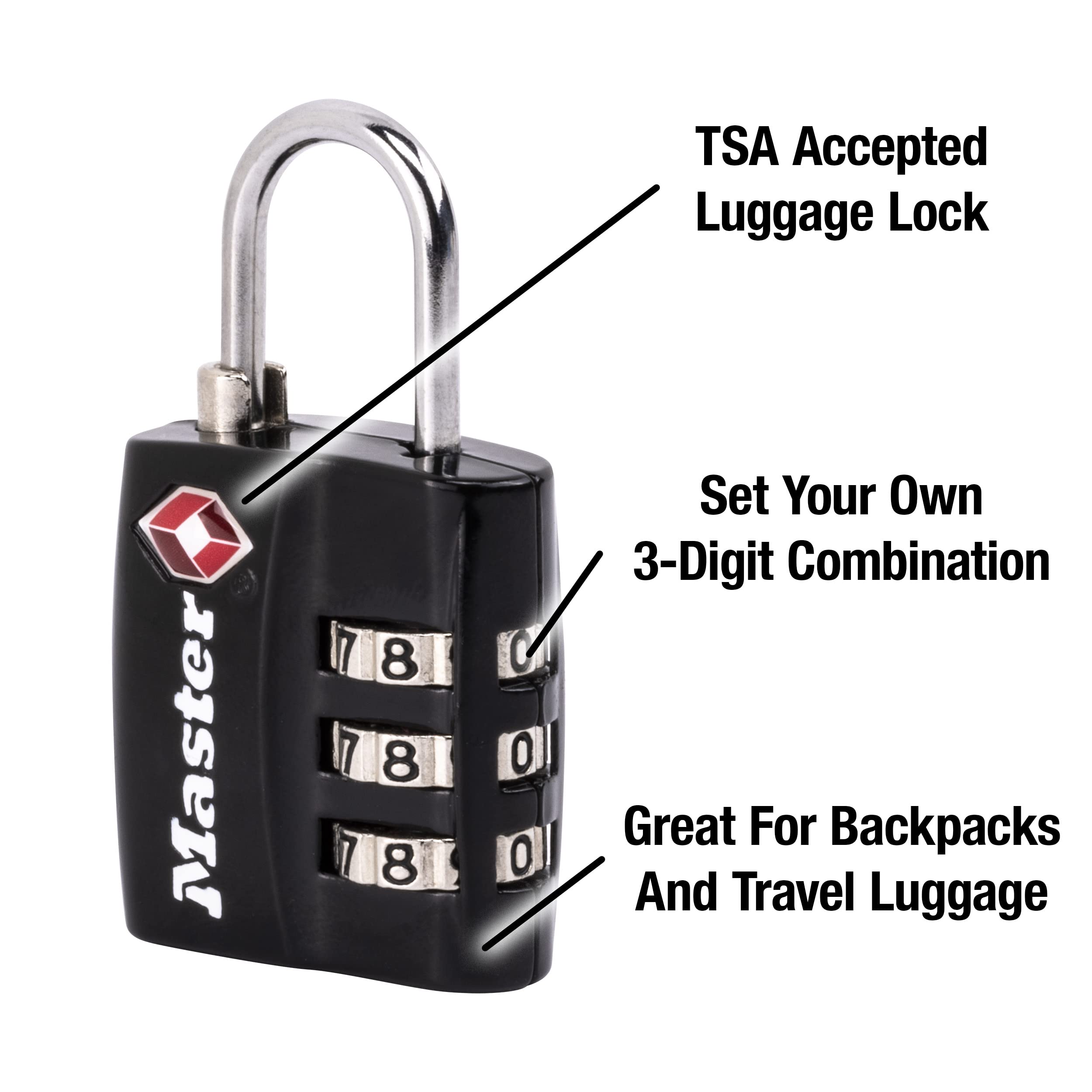 Master Lock Black TSA-Approved Luggage Lock with Wide Lock Body and Thin, Durable Steel Shackle, Zipper Lock for Backpacks, Luggage, 3 pk, 4680BLKEC3