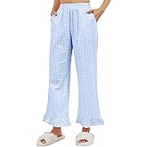Womens Gingham Pants Y2K Cotton Wide Leg Ruffle Hem Lounge Pants Plaid Print Loose Trouser with Pockets