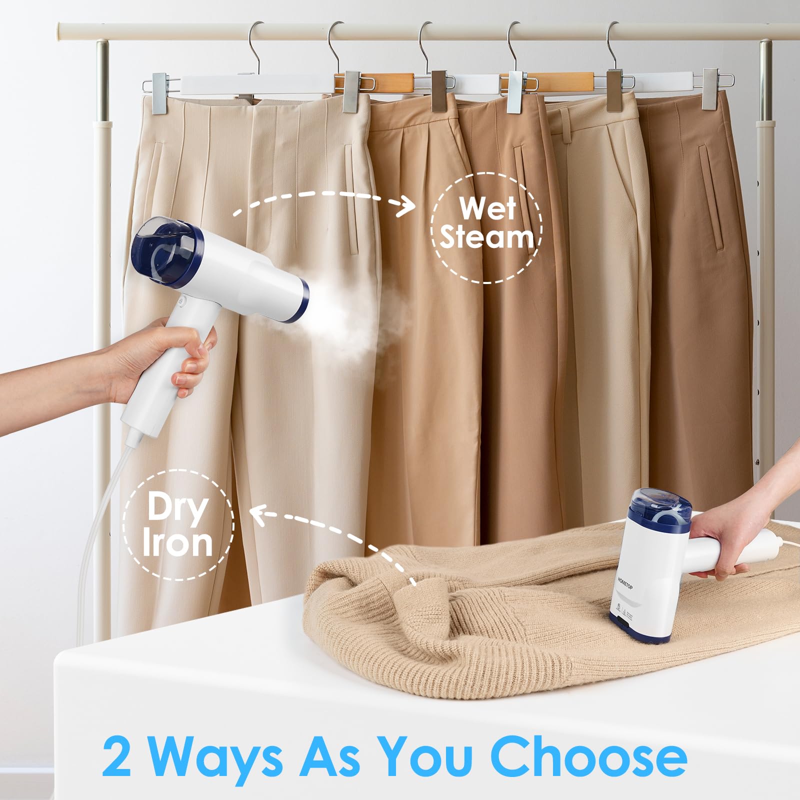 HOMETOP Handheld Steamer for Clothes, 2 in 1 Foldable Garment Steamer, 30s Heat-up, 1300W Powerful Fabric Wrinkles Remover with Brush, Portable Steam Iron for Office, Home and Travel