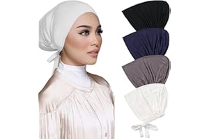 4 Pcs Hijab Undercap Adjustable Soft Cotton Elastic Hijab Cap Set with Tie Back Closure for Women