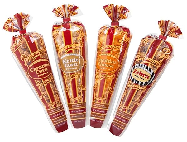 POPCORNOPOLIS GOURMET POPCORN CONE (12 PK) ASSORTED FLAVORS – ZEBRA, CHEDDAR CHEESE, CARAMEL & KETTLE CORN POPCORN, GREAT FOR GIFTING & SHARING