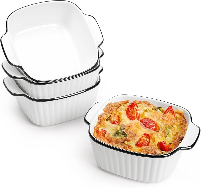 NUTRIUPS 13 Oz Ceramic Baking Dishes Set of 4 Square with Handles Ribbed Design