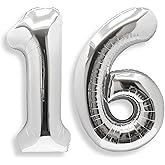 AULE 40 Inch Big Silver Foil Mylar Number Balloons for Boy Girl 16th Birthday Party Decorations 16 Years Old Giant Anniversary Party Supplies