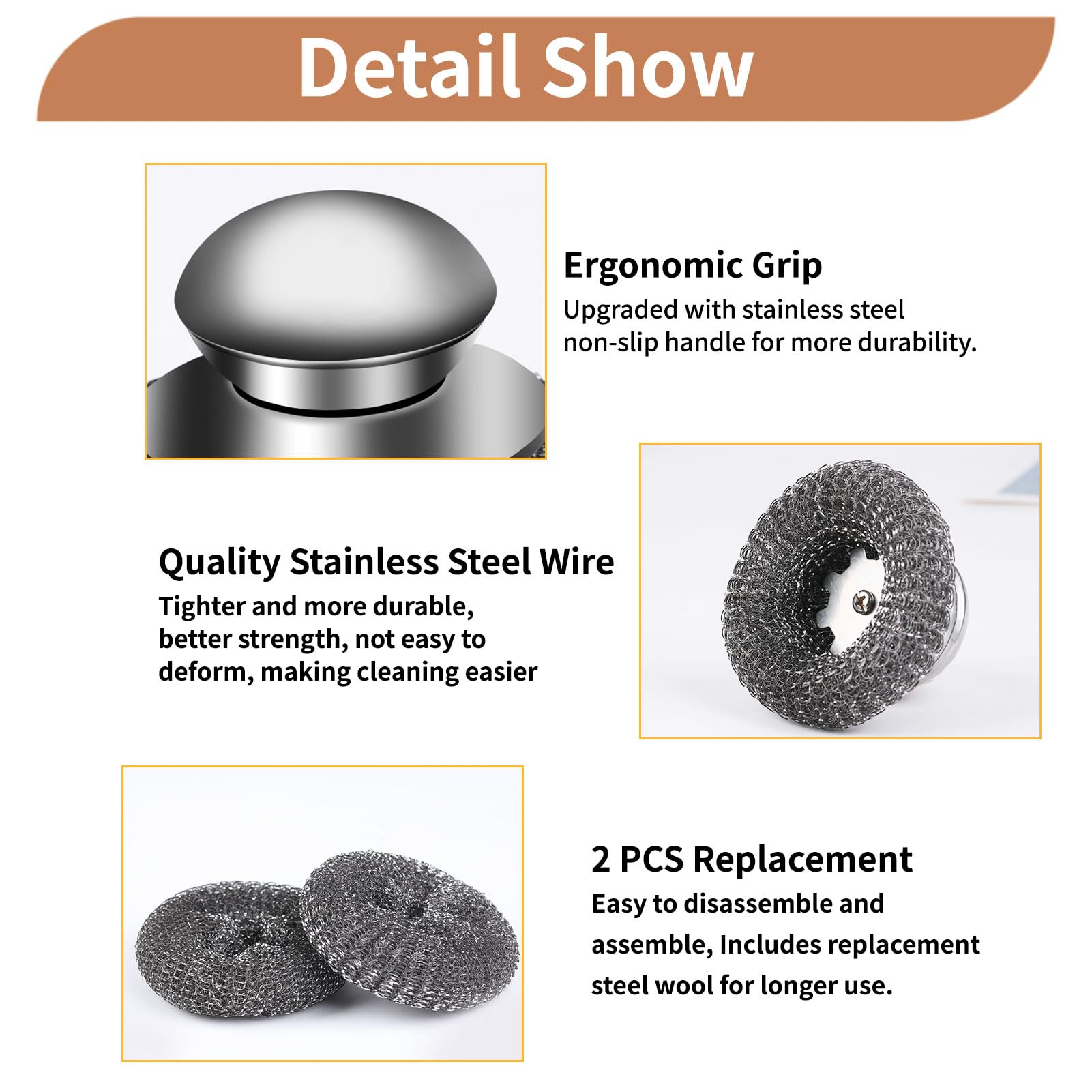 4pcs Steel Wool Scrubber with Replacement Wire Sponge Pads Set, Stainless Steel Scrubber with Handle for Scouring Stubborn Messes from Cast Iron, Pots, Pans, Grill, Stoves, Sink(2 Scrubber+2 Pads)