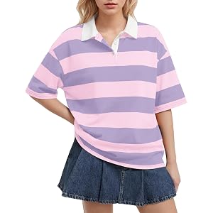 Lenader Women’s Striped Polo Shirt Oversized Lapel V Neck Short Sleeve Rugby Shirt 2026 Casual Summer Y2K Pullover Top
