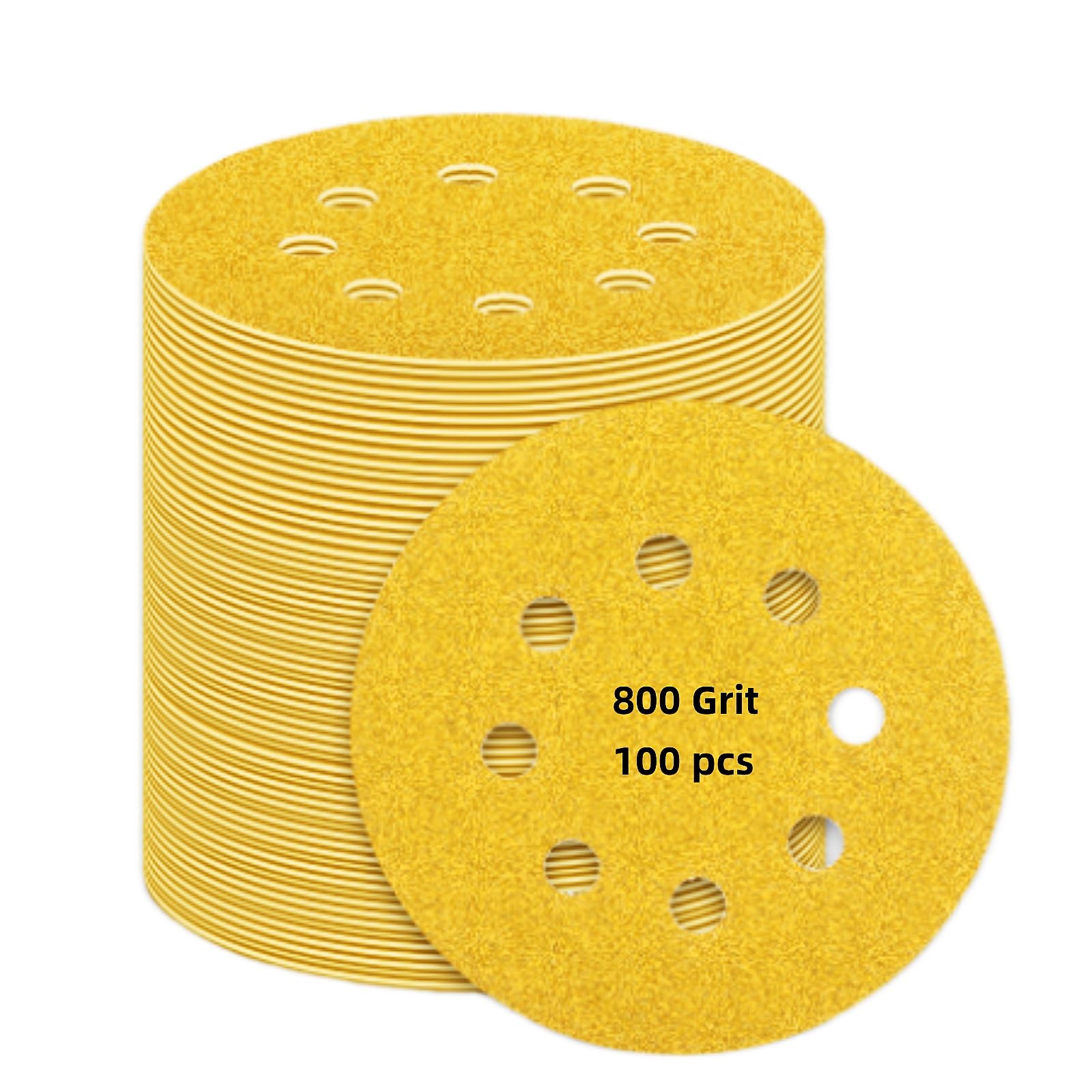 100 pcs Sanding Discs - 5 inch/125 mm, 8 Holes, Hook and Loop Sanding Pads for Random Orbital Sanders,Yellow-800 Grit — image 1