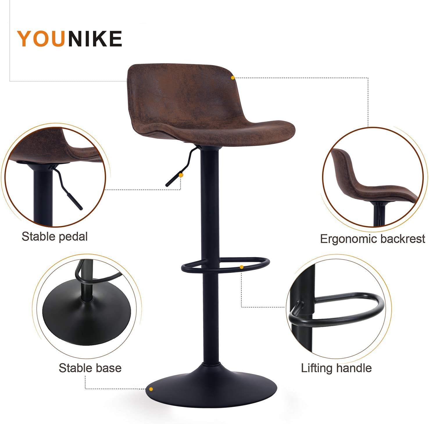 YOUNIKE Furniture Modern Design Barstools with Adjustable Height and 360° Rotation, Ergonomic Streamlined Polypropylene High Bar stools for Bar Counter,Kitchen and Home (Set of 2, Retro Brown): Home & Kitchen