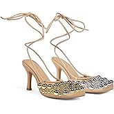 Saint Leia Women's 4IN High Heel Sandals Nude Stiletto Pumps with Gold Silver Pearls Heels for Weddings Parties and Evening Wear