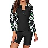 SHEKINI Women's 3 Piece Rash Guard Long Sleeve Swimsuits Zip Bathing Suits with Pants UPF 50+ Shirt