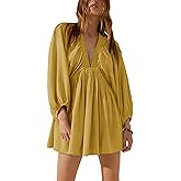 Tiko Miko Women's Sexy Long Sleeve V Neck Tunic Dress Casual Loose Flowy Mini Swing Shift Dresses