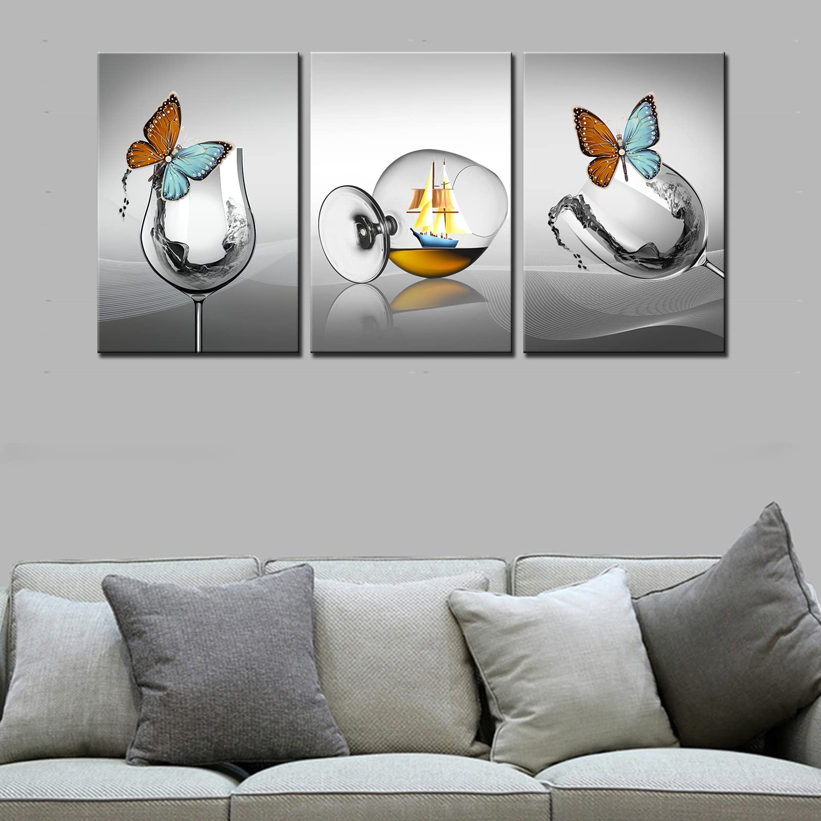 Family Wall Decor, Creative Wine Glasses, Pictures, Abstract Chalice and Butterfly Painting, 3 Pieces, Canvas, Modern Artwork, Home Decor for Kitchen, Wooden Frame, Ready to Hang