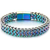 Minimalist Mens Steel Oxidized Rainbow Double Franco Link Curb Chain Bracelet Magnetic Clasp, Punk