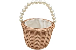 YUUDAR Rustic Wicker Rattan Wedding Flower Girl Baskets,Woven Rattan Storage Basket with Pearl Handles,Woven Eggs Candy Basket for Wedding Home Garden Decor (A)