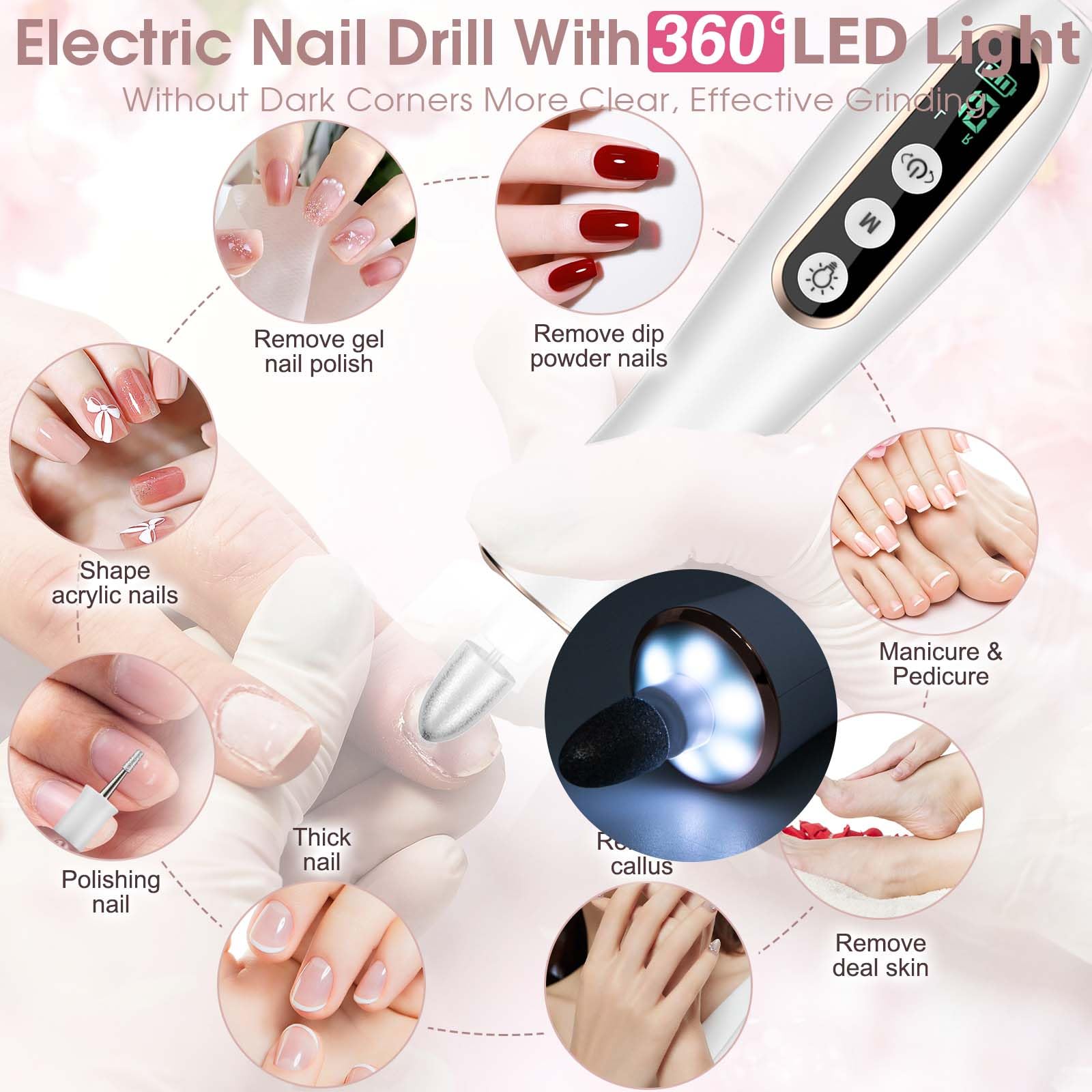 Professional Manicure Pedicure Kit, Cordless Electric Nail Drill with 360° LED light&10 Speeds, Rechargeable Pedicure Tools for feet, Hand Foot Care Nail Drill for Thick Nail Toenail Cuticle Women Men - Image 4