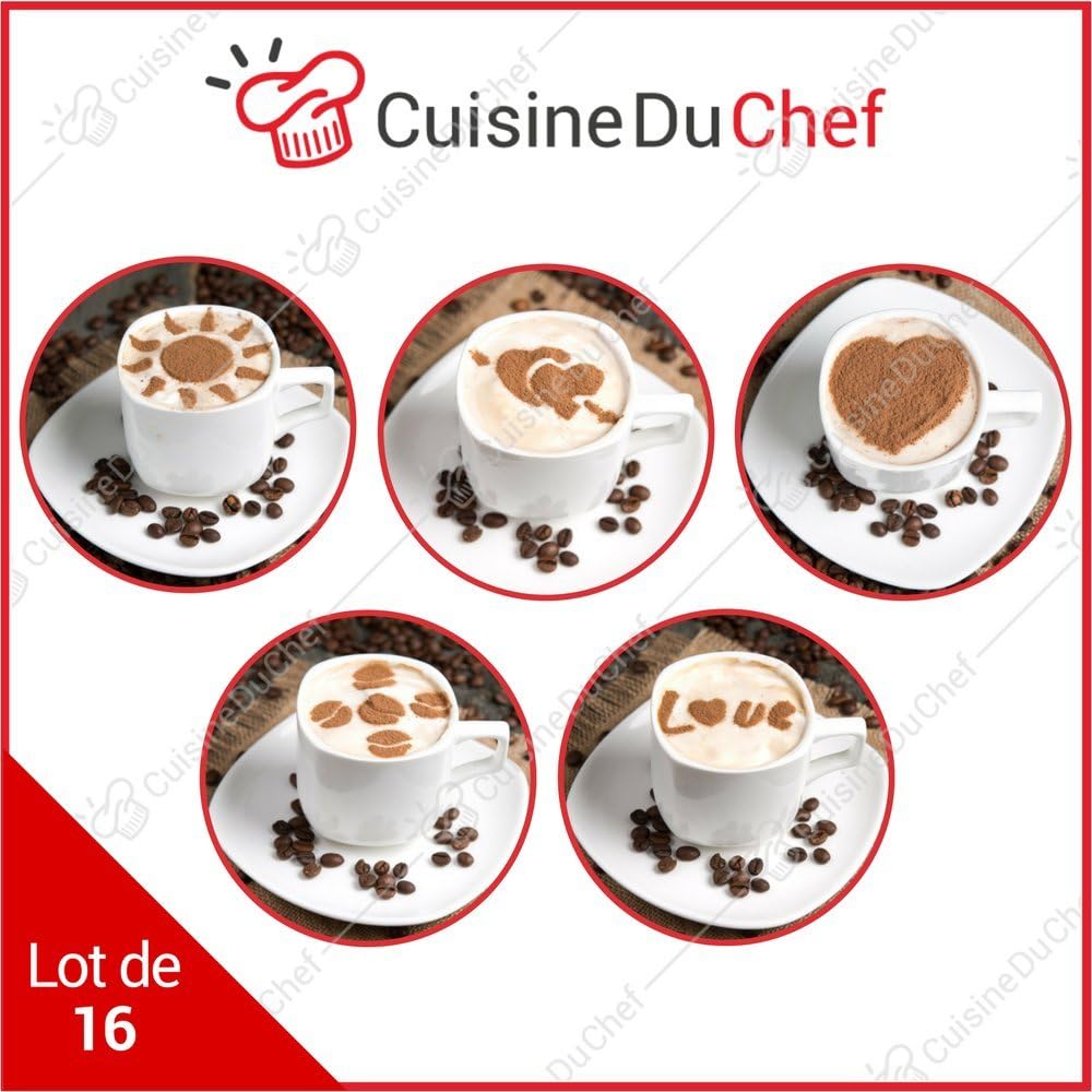 ✮ CuisineDuChef ✮ Plastic stencils | Set of 16 | Original shape: heart, flower, fir, panda | Best for cappuccino, coffee, cake, cupcake, tiramisu | Reusable Icon Kit | Creative idea