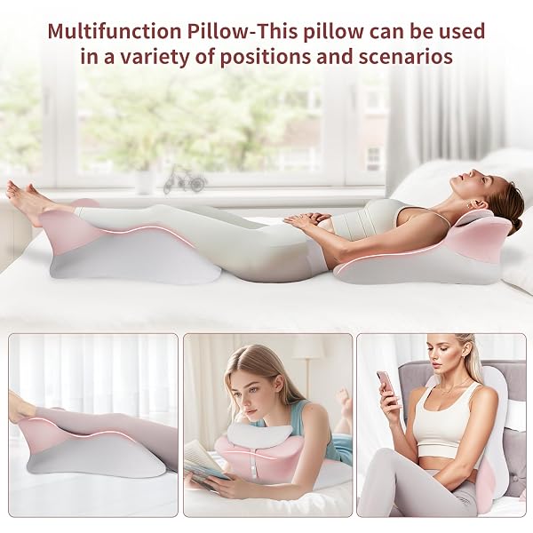 MEMORY FOAM ERGONOMIC WEDGE PRONE PILLOW, BED PILLOW FOR SITTING UP, BACK, NECK, AND LEG PAIN RELIEF, ANTI SNORING, IDEAL FOR MASSAGE, READING, SLEEPING, WITH REMOVABLE WASHABLE COVER (PINK)