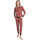 BedHead Pajamas Women's Long Sleeve Crew Pullover Joggers Set, Peanuts Holiday Party, Red, Print, LG (US 12-14)