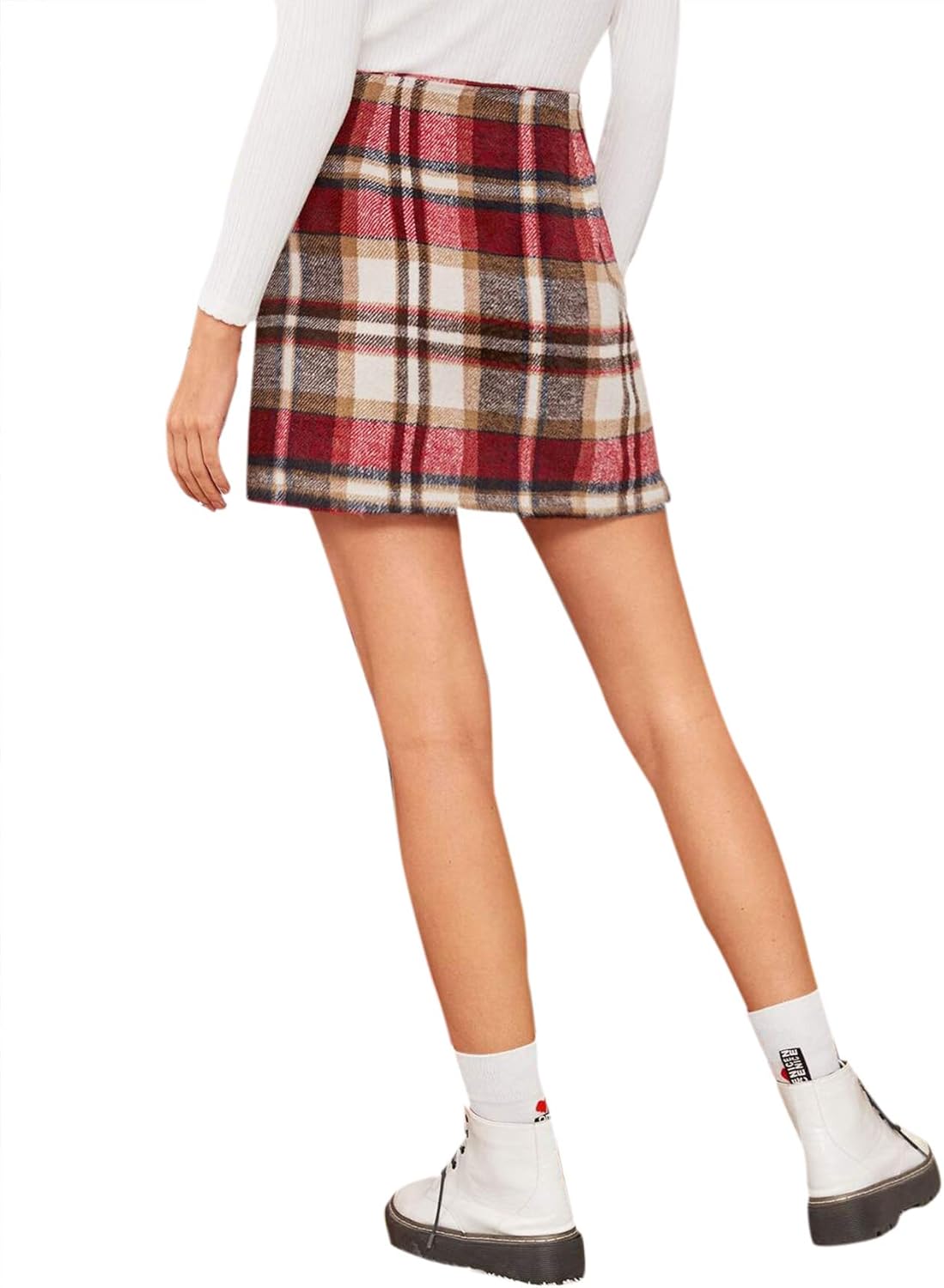MakeMeChic Women's Plaid Skirt Zipper Back High Waist A-Line Mini Skirt: Clothing