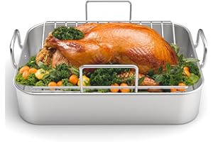 Roasting Pan, EWFEN 17*13 Inch Stainless Steel Turkey Roaster with Rack - Deep Broiling Pan & V-shaped Rack & Flat Rack, Non-toxic & Heavy Duty, Great for Thanksgiving Christmas Roast Chicken Lasagna
