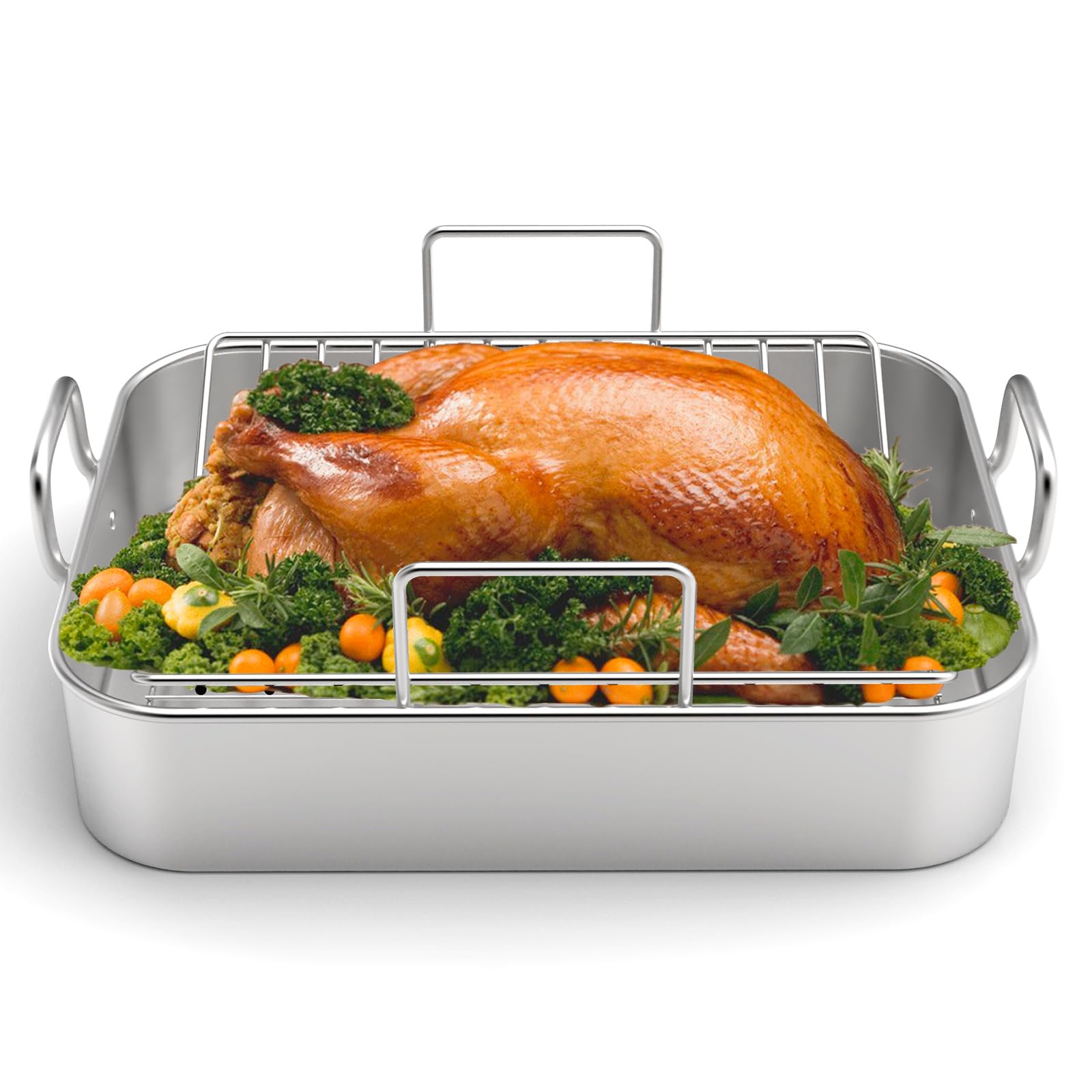 Photo 1 of Roasting Pan, EWFEN 17*13 Inch Stainless Steel Turkey Roaster with Rack - Deep Broiling Pan & V-shaped Rack & Flat Rack, Non-toxic & Heavy Duty, Great for Thanksgiving Christmas Roast Chicken Lasagna