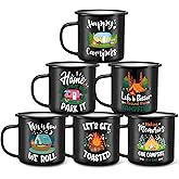 Baderke 6 Pcs Enamel Camping Mugs Camping Coffee Mug 12oz Happy Campers Campfire Tea Cups with Handle Vintage Black Travel Mugs Set for Drinking Outdoor Travel Holiday Winter Gift