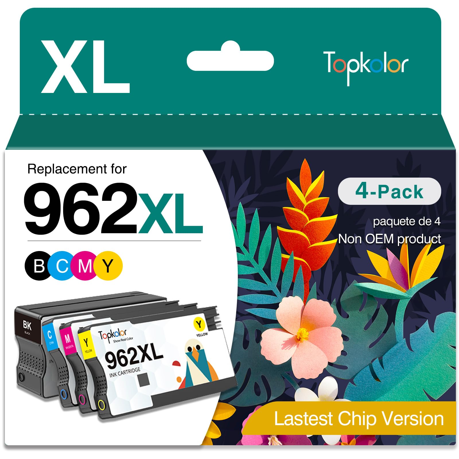Photo 1 of Topkolor 962XL Ink Cartridges Combo Pack Replacement for HP 962 Ink Cartridges 962 XL Black and 962 Color Work with OfficeJet Pro 9010 9018 9015 9020 9025, 4-Pack