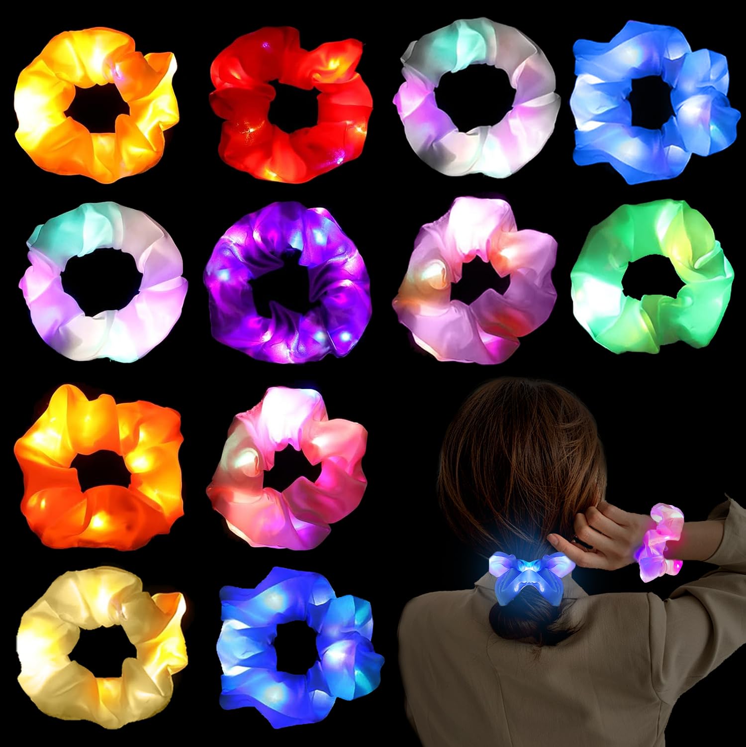 Joycabin 12 Pcs LED Light Up Elastic Hair Bands, Luminous Hair Scrunchies with 3 Light Modes, LED Scrunchies for Women, Girls, Hair Accessories, New Year Party, Carnival, Costume Parties