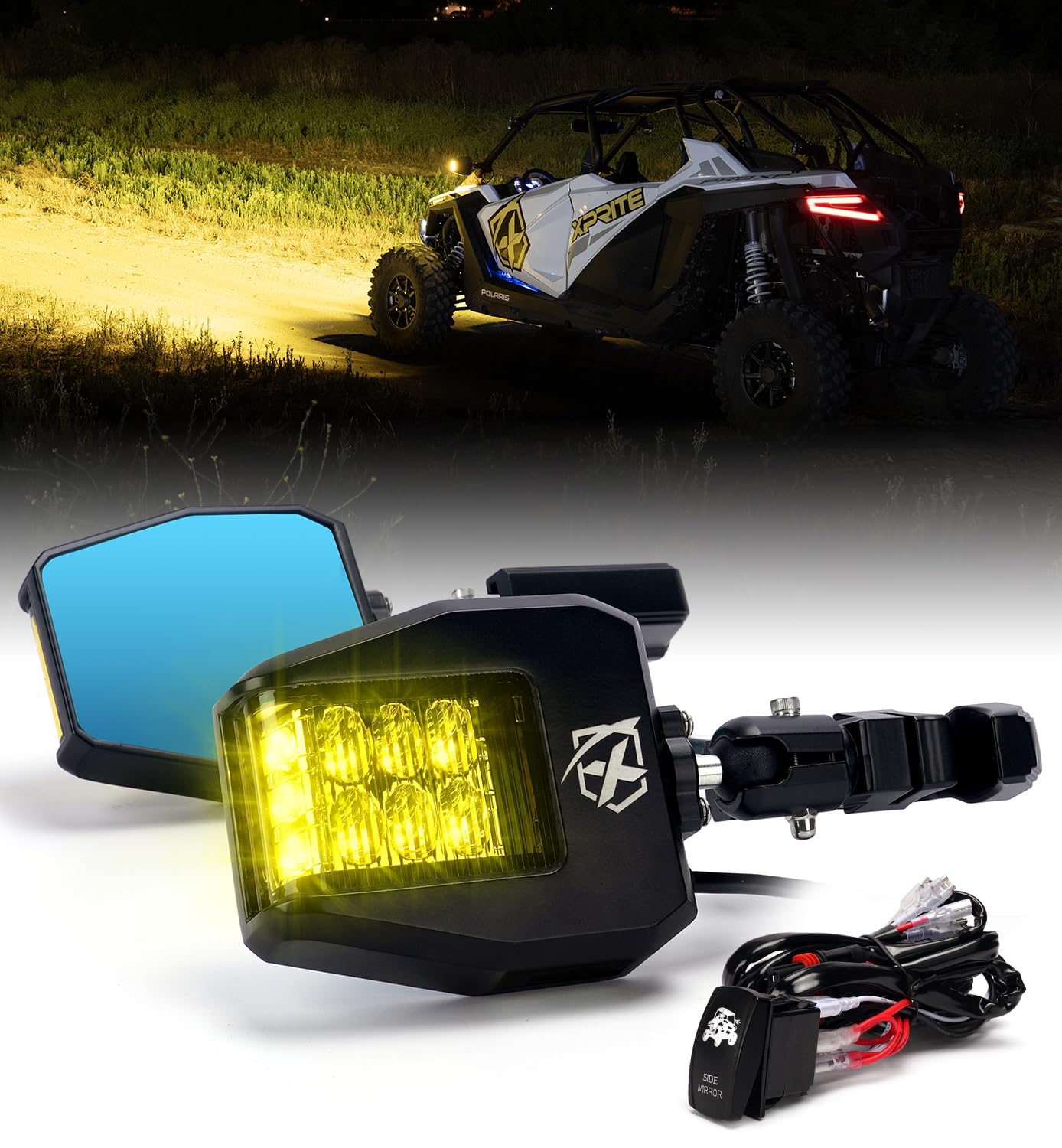 Photo 1 of Xprite UTV Side Mirrors 2025 New Aluminum w/Amber LED Spot Light Amber Lens for 1.75"-2" Roll Cage Bar Compatible with Pioneer Polaris RZR, SXS, Can Am X3, Kawasaki Teryx Mule, Yamaha Rhino Wolverine