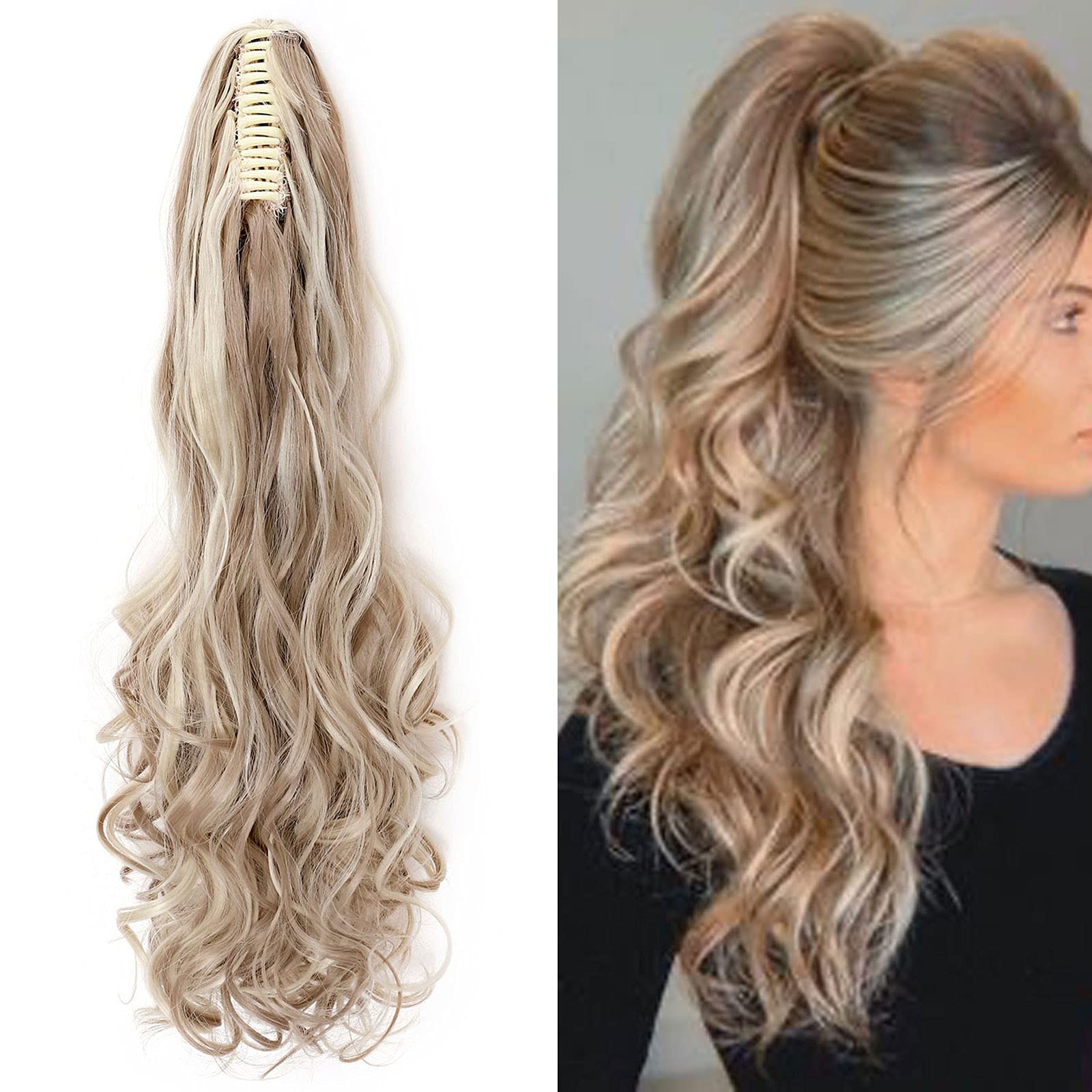 Fashion Ponytail Hair Extension Claw Curly Wavy Straight Clip in ponytail Hairpiece One Piece fake hair Ponytails for Women 24” Curly Sandy blonde & bleach blonde — image 1