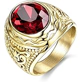 MASOP Lunxury Engraved Stainless Steel Mens Ring Red Synthetic Ruby Crystal Gold Color Wedding Band Rings