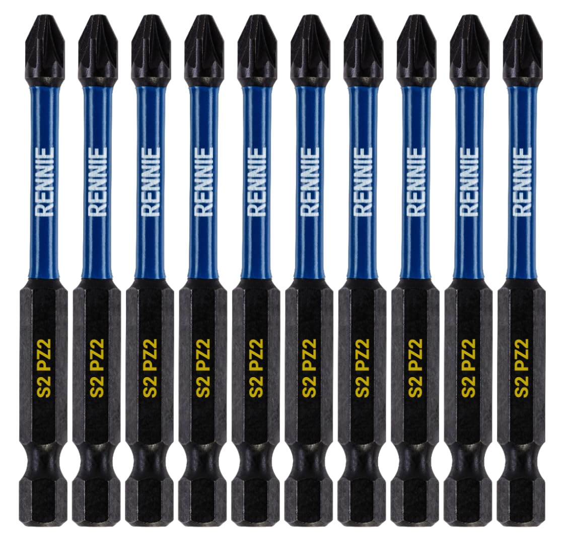 10 x Rennie Tools 75mm Long PZ2 Impact Screwdriver Driver Bits Set. Heavy Duty PoziDriv POZI No.2 Magnetic Screwdriver Bit Set. PZ2 Impact Driver Bits Pozidrive Screw Accessories. Black Oxide Coated